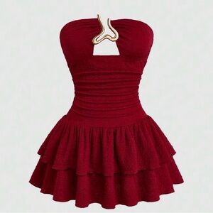 Strapless Ruffled Mini Dress in Wine Red